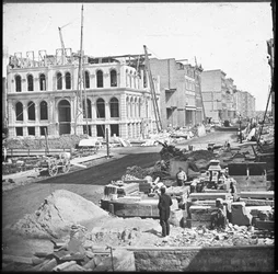 Rebuilding of the Marine Bank building after the Great Chicago Fire, c.1873